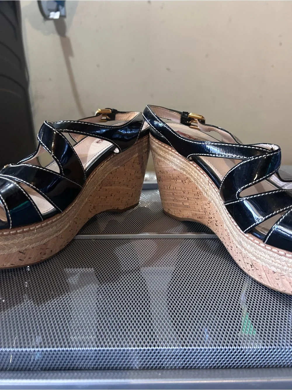 Prada Black Patent Leather Crisscross Platform Sandals
